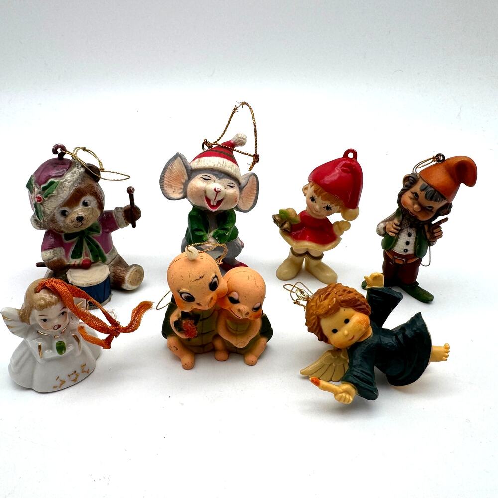 Vintage Christmas Tree Ornaments Lot 7 Angels Elf Mouse Bear Turtle Japan